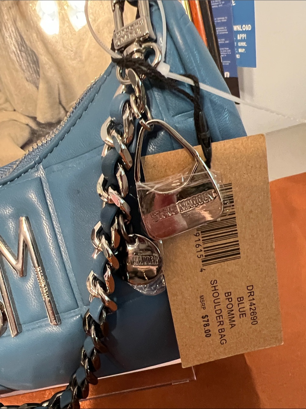 Steve Madden blue Quilted Shoulder Bag with Chain and Scarf - Picture 4 of 8
